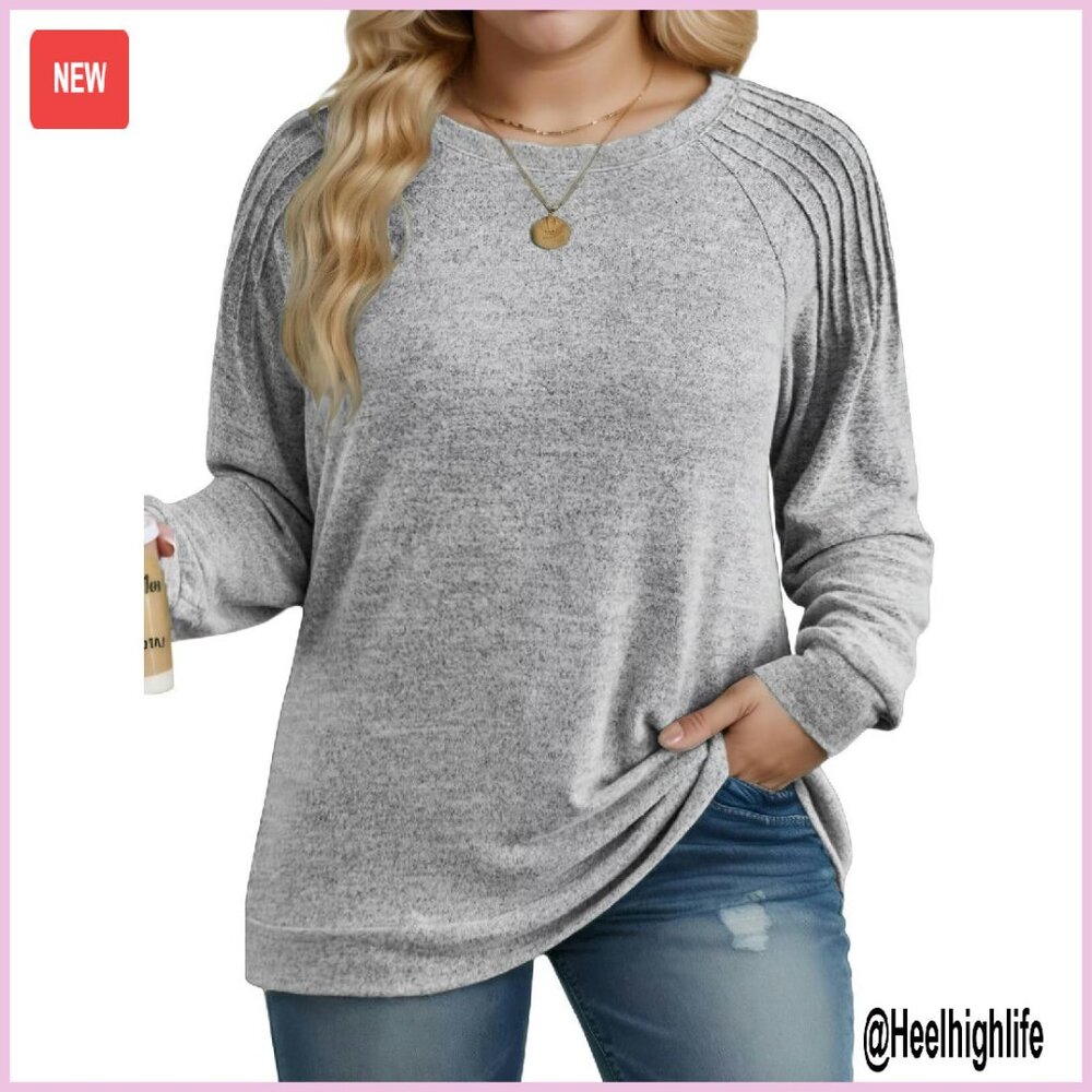 Plus Size Crewneck Sweatshirt Pleated Long Sleeve Loose Fit Tunic Top